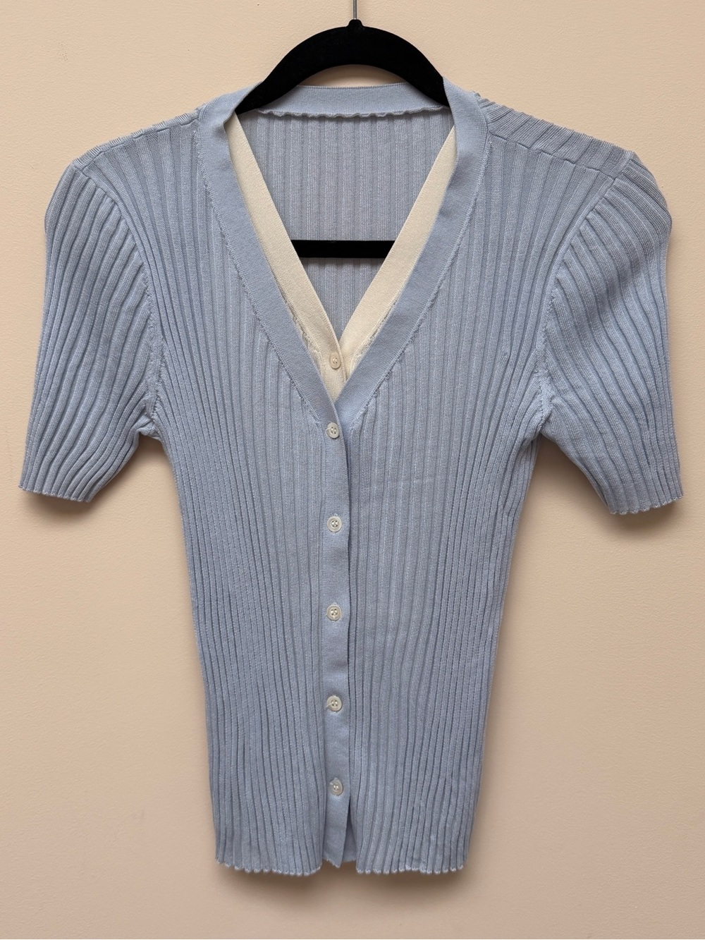 Light Blue Ribbed Short-Sleeve Buttoned Cardigan Top